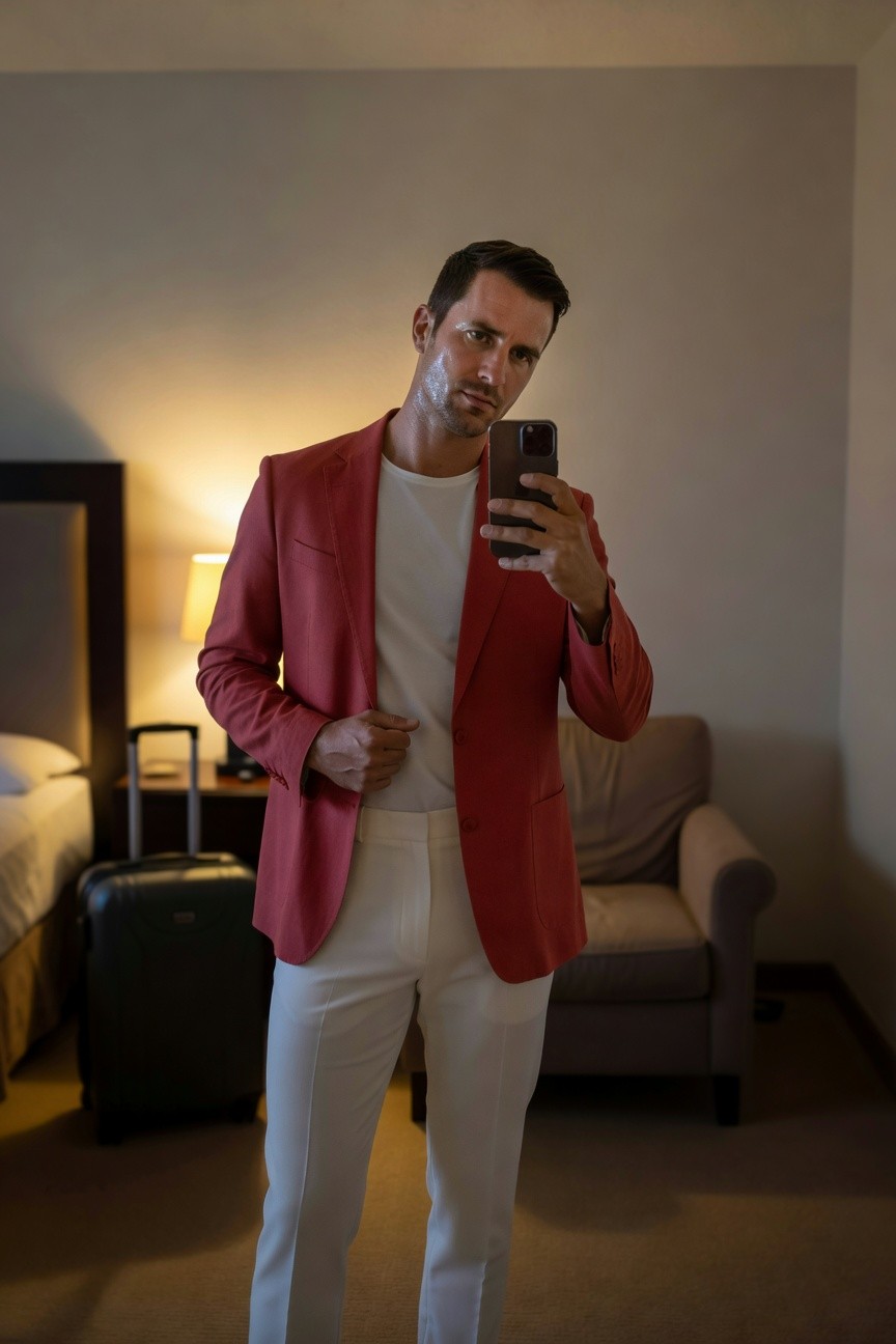 Handsome man in vibrant red tailored blazer over white t-shirt and slim white trousers, taking a mirror selfie in a modern hotel room with bedside lamp, armchair, and luggage nearby