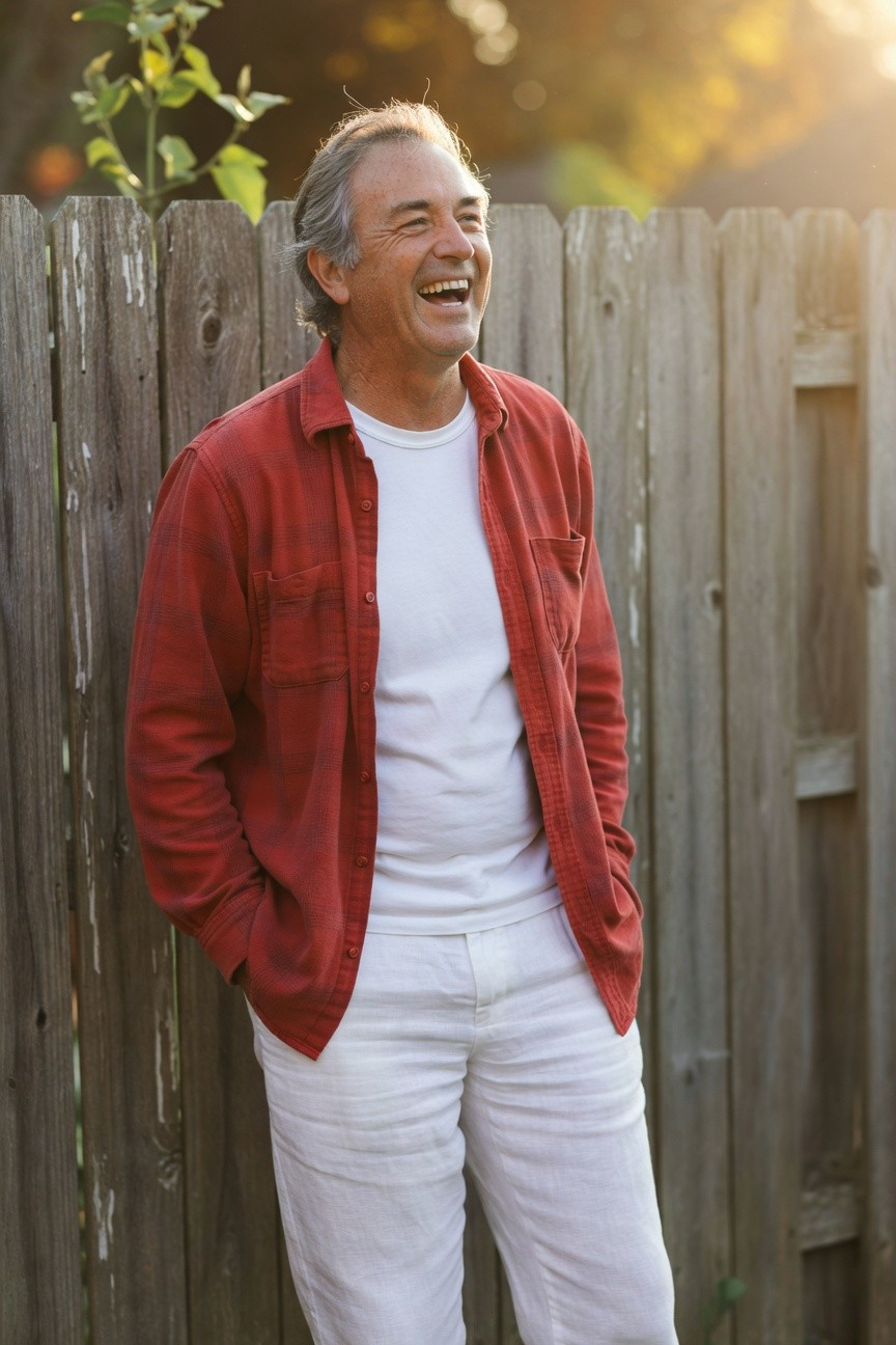 Older man with gray hair smiling warmly, wearing an open red flannel shirt over white t-shirt and white pants, leaning against wooden fence in sunny garden at golden hour