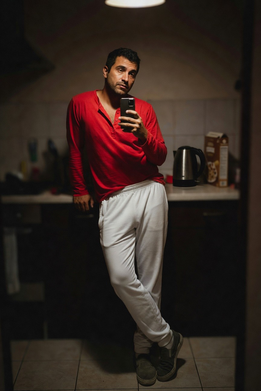 Man leaning casually in dimly lit kitchen wearing vibrant red long-sleeve shirt tucked loosely into white jogger pants, one hand in pocket, grey sneakers, red phone in hand, cereal box and kettle on counter behind