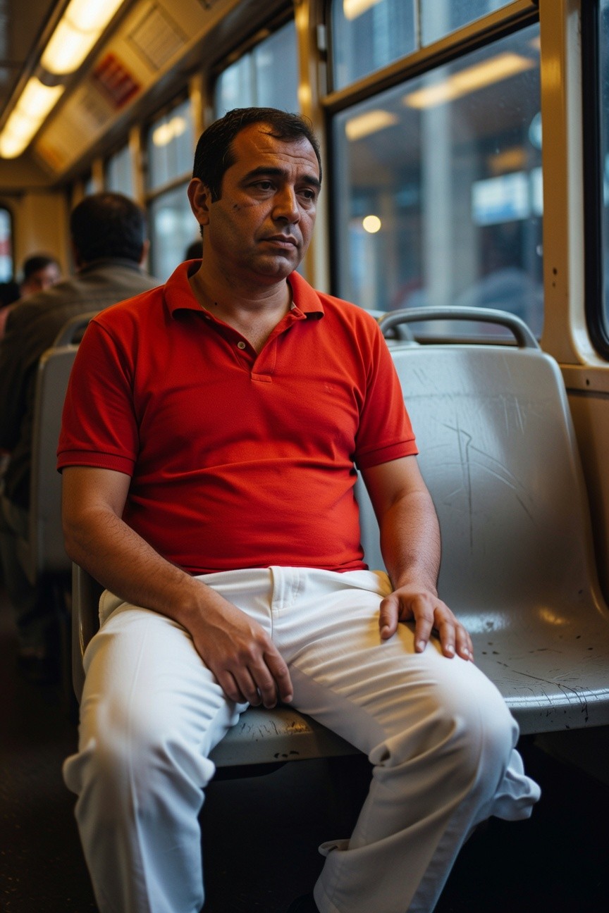 Middle-aged man in vibrant red short-sleeve polo shirt and slim white pants sits pensively on a subway seat, urban evening light filtering through windows