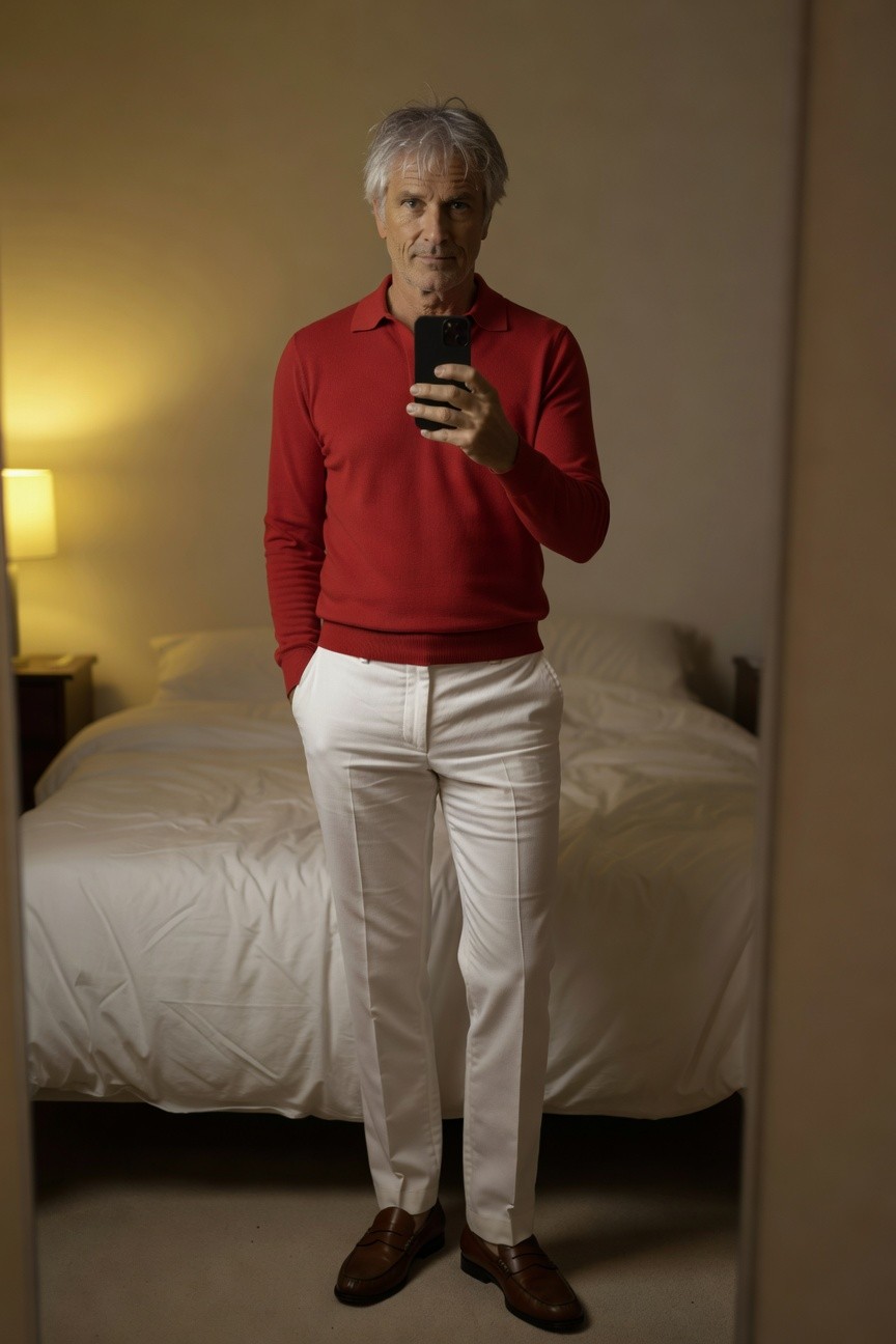 Silver-haired man in a vibrant red long-sleeve polo sweater and tailored white trousers stands confidently in front of a bedroom mirror, brown loafers on, warm lamp light casting a cozy glow