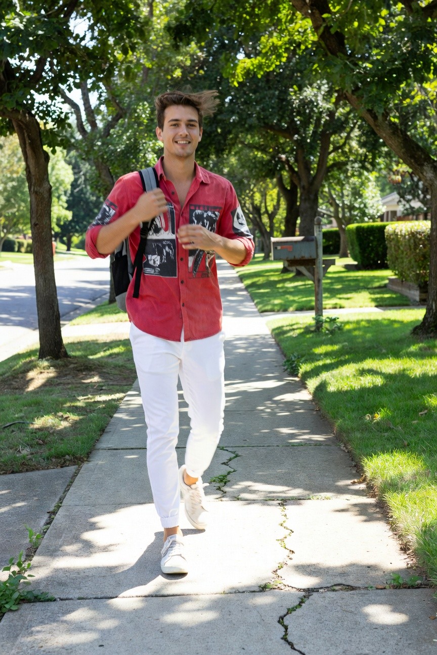 Young man in vibrant red short-sleeve shirt featuring black-and-white photo prints on sleeves and front, unbuttoned casually over a black backpack with similar prints, paired with slim white pants and white sneakers, strolling confidently down a tree-lined suburban sidewalk on a sunny day