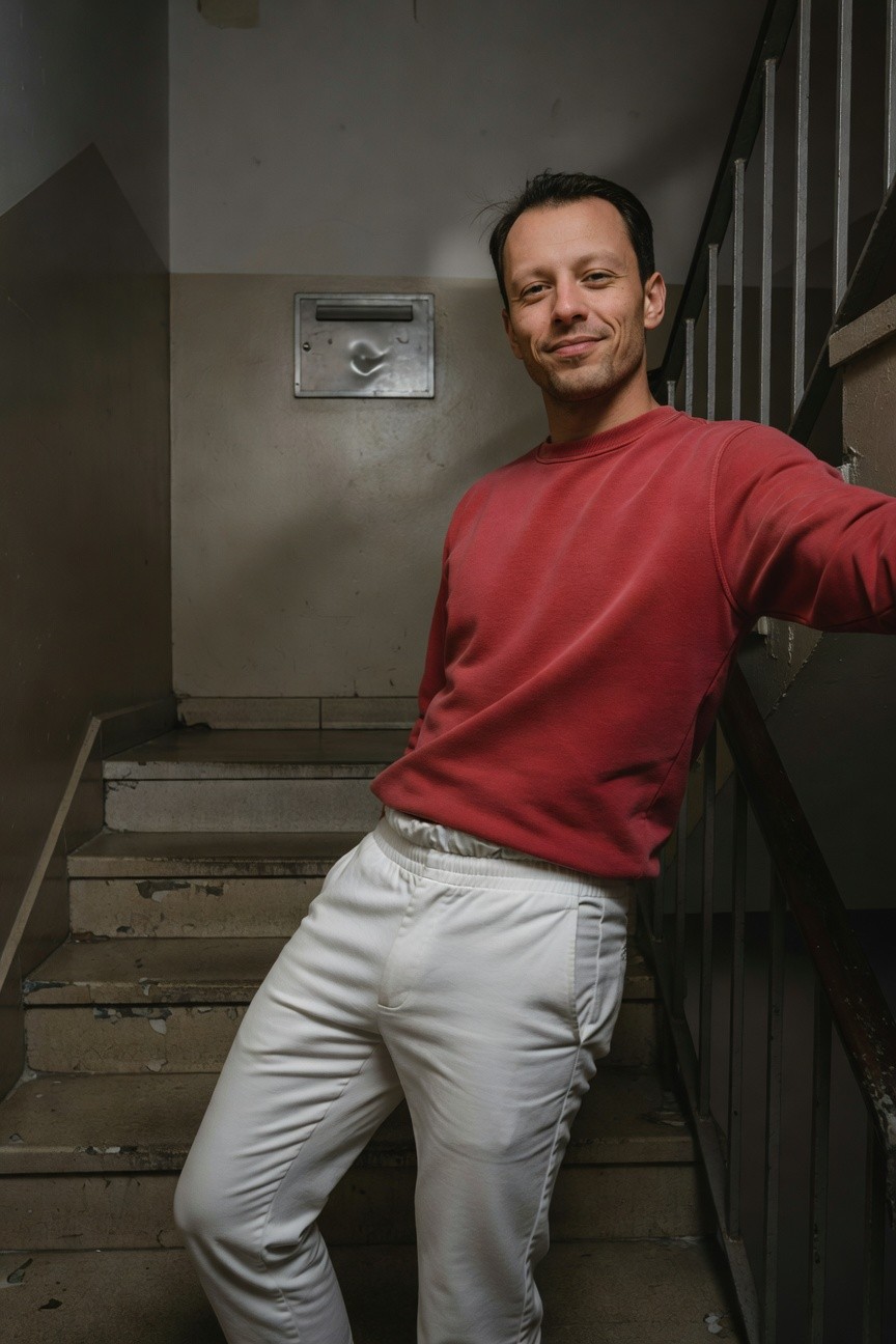Man with short dark hair smiling confidently in a vibrant red sweatshirt and tailored white pants, leaning casually on a metal railing in a dimly lit, worn concrete stairwell
