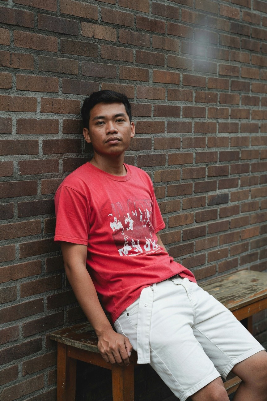 Young Asian man in vibrant red graphic T-shirt and crisp white shorts leans casually against a weathered brick wall on a wooden bench, exuding relaxed urban confidence in natural outdoor light