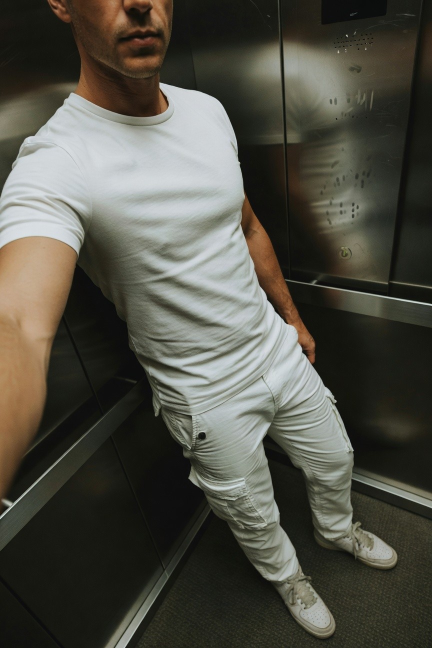 Man in all-white outfit—fitted short-sleeve t-shirt, slim cargo pants with side pockets, and low-top sneakers—leaning casually against elevator wall, mirror reflecting his confident pose