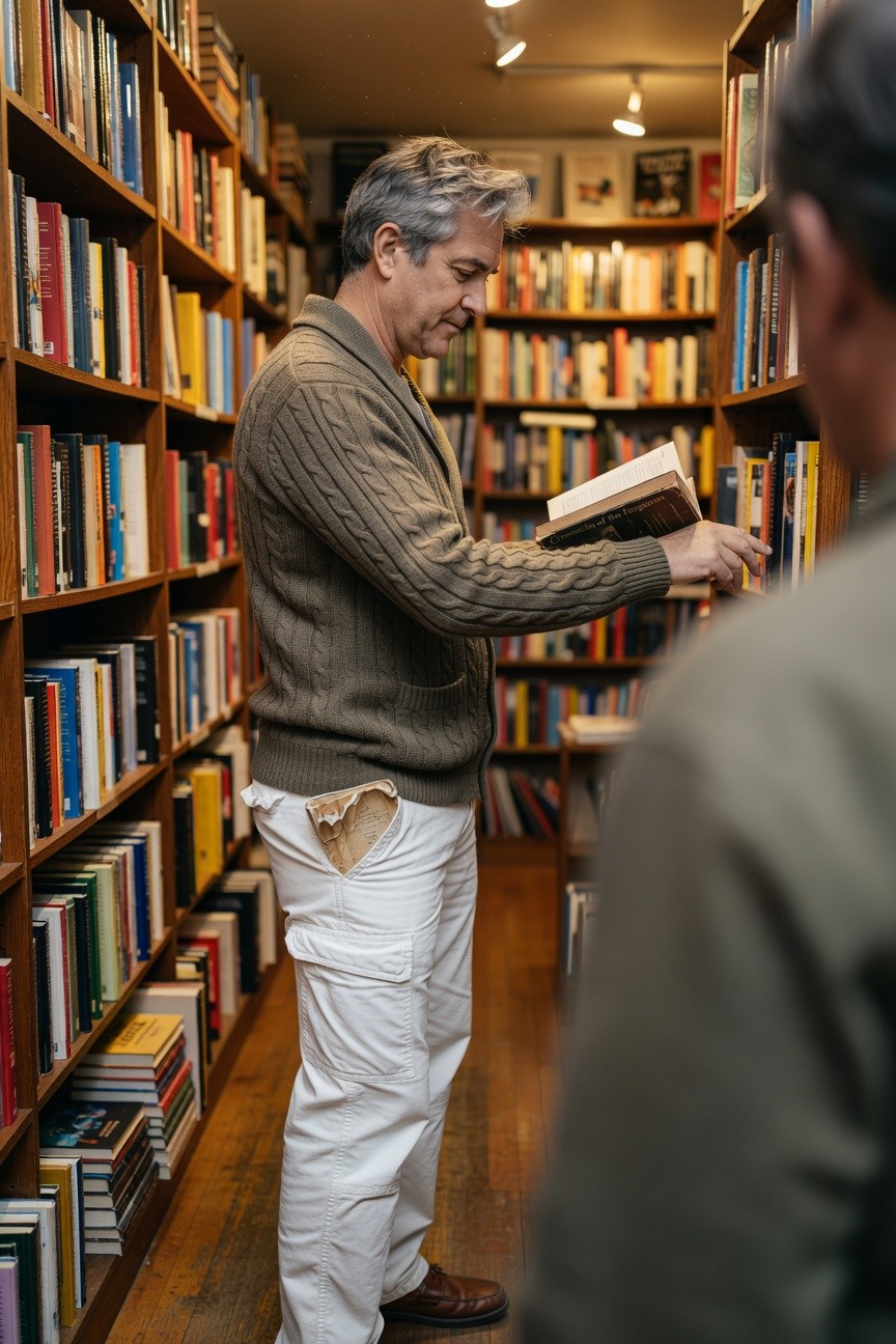 Two silver-haired men in a warmly lit bookstore; foreground figure in white cargo pants with a small rear tear revealing skin, rust-colored cable knit sweater, brown loafers, holding an open book; background man in green jacket viewed from behind amid wooden bookshelves.