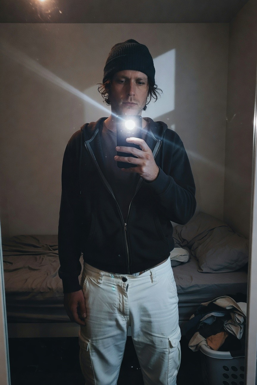 Mirror selfie of a man in a black beanie, dark zip-up hoodie, and white cargo pants with multiple pockets, holding phone flashlight in a dimly lit bedroom with bed and laundry visible