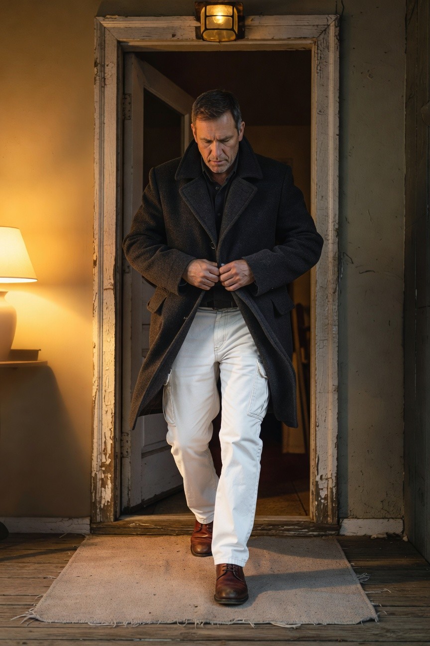 Man in navy wool overcoat over dark shirt, white cargo pants, and brown leather boots, stepping through an open wooden door at night under warm lantern light on a porch