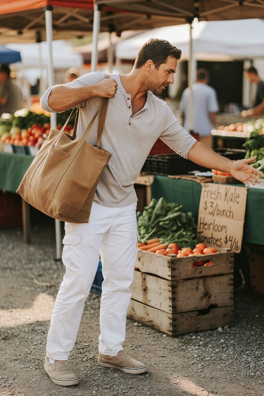 Man in fitted white cargo pants, light gray short-sleeve henley shirt, tan tote bag, and beige espadrilles browsing vegetables at a sunny farmers market stand with kale and tomatoes.