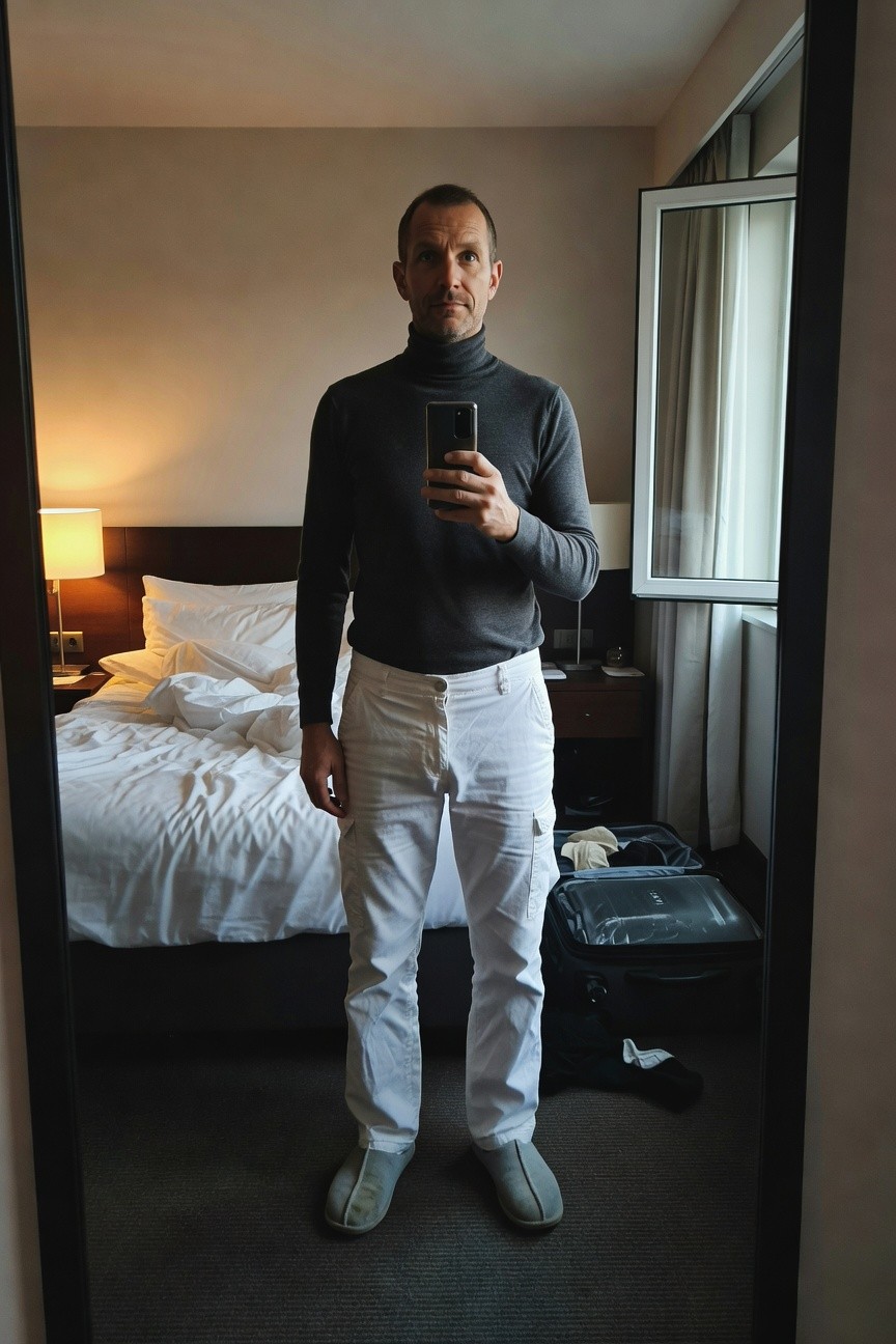 Man in hotel room mirror selfie wearing fitted grey turtleneck sweater, slim white cargo pants with multiple pockets, and light-colored slippers, standing near unmade bed and open suitcase by window