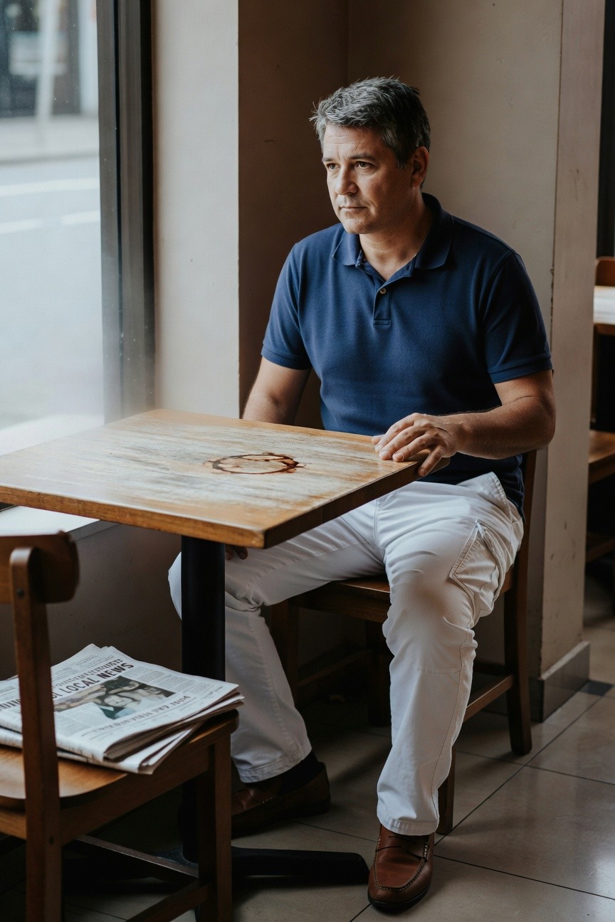 A man with salt-and-pepper hair sits casually at a wooden cafe table by a large window, wearing a navy short-sleeve polo shirt tucked into straight-leg white cargo pants and brown loafers, newspapers stacked nearby on a chair.
