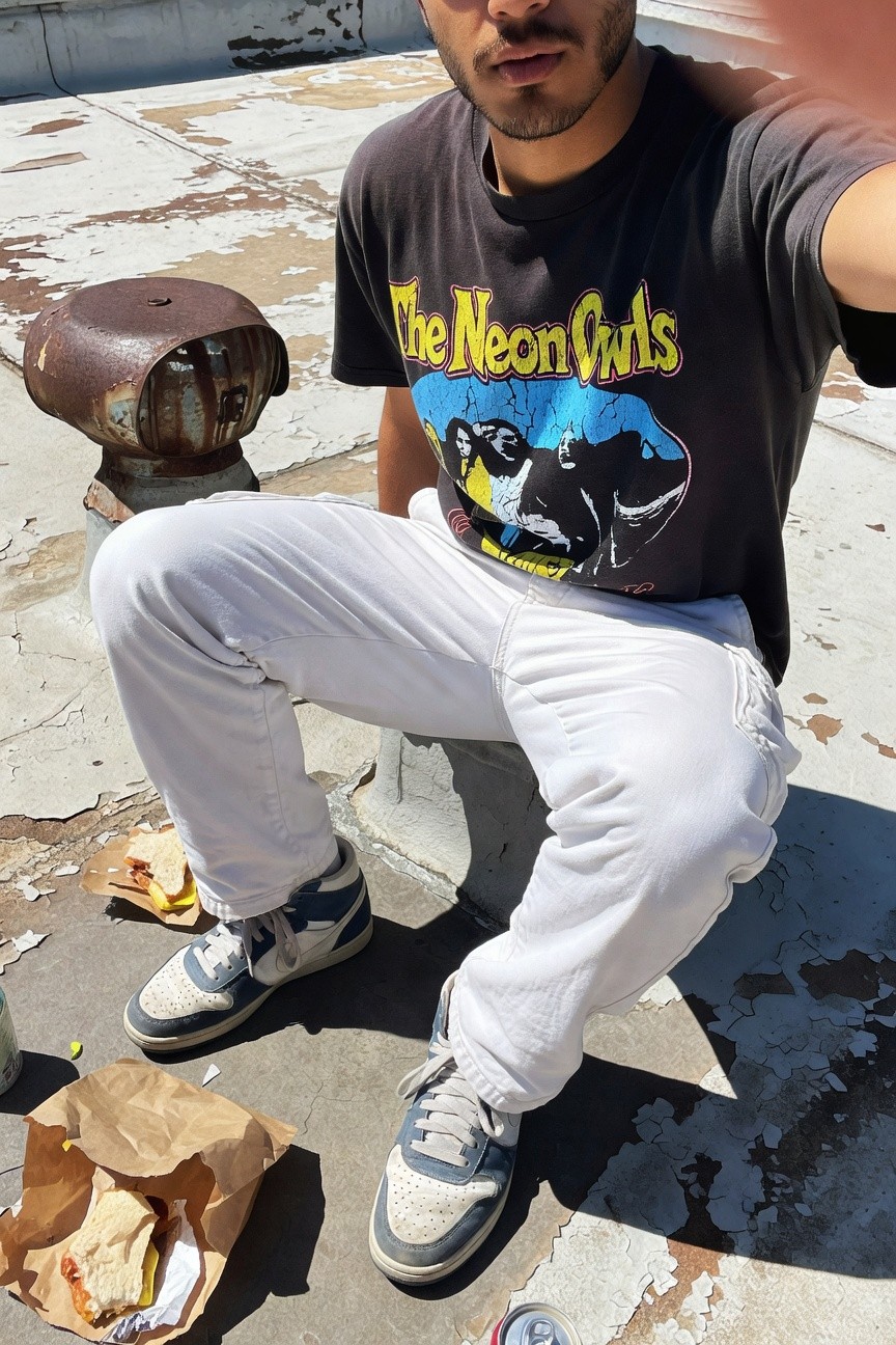 A man squats on a weathered urban rooftop wearing loose white cargo pants, a black graphic tee with neon yellow and blue owls from The Neon Owls, gray Nike sneakers, surrounded by food wrappers and a soda can, selfie-style photo capturing casual streetwear vibe.