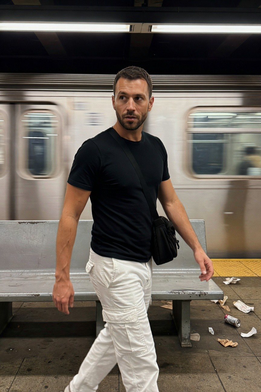 Muscular man with short dark hair stands confidently on a gritty NYC subway platform wearing a fitted black short-sleeve t-shirt, loose white cargo pants, black sling bag across his chest, and white sneakers, with a blurred moving train and litter in the background
