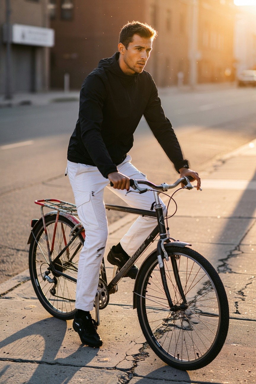Handsome man with short brown hair biking down a sunset-lit urban street in a black hoodie, white cargo pants with multiple pockets, black sneakers, and a black city bike with red rear rack, evoking casual adventure style