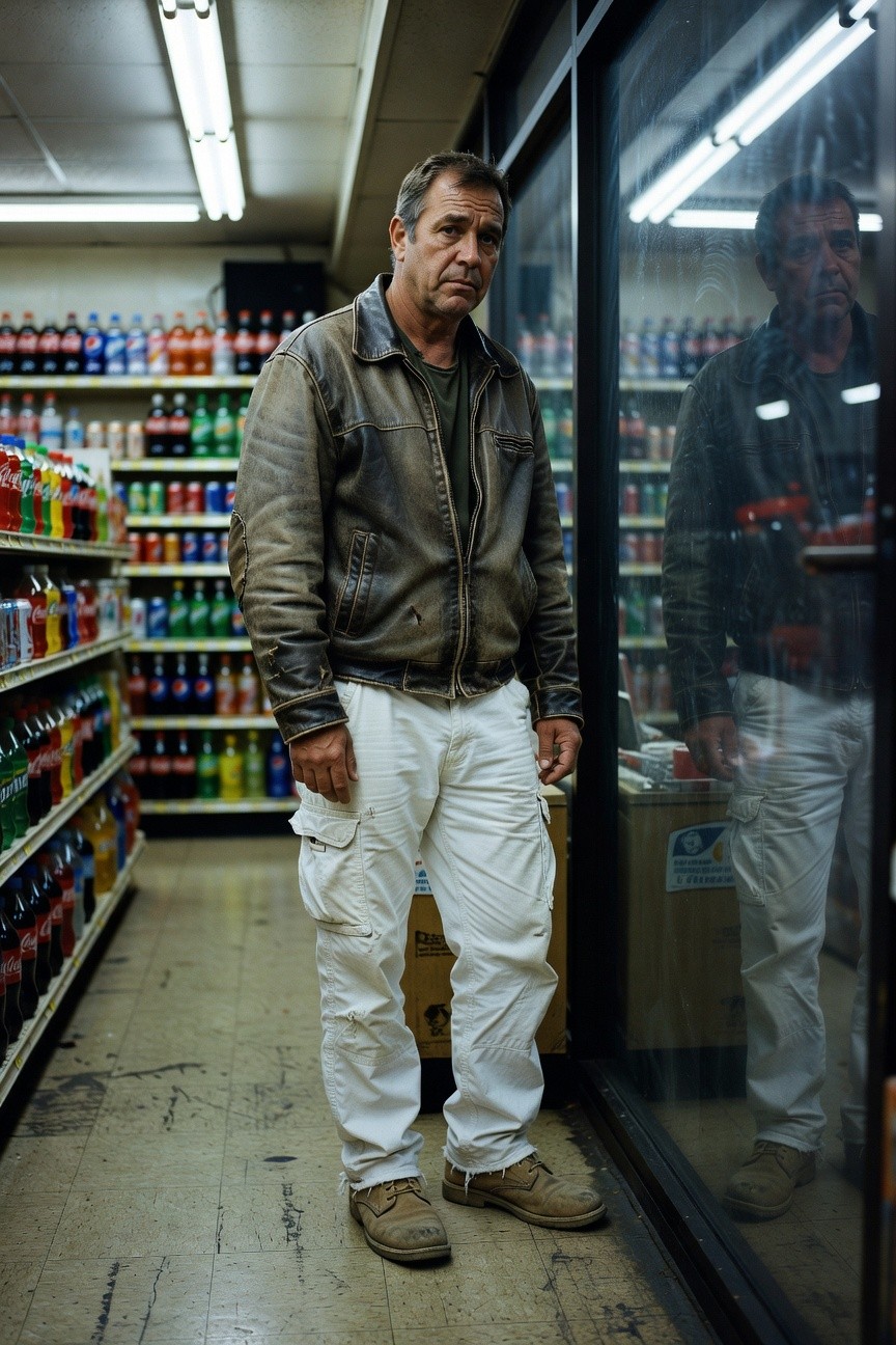 Middle-aged man in distressed brown leather jacket, dark tee, baggy white cargo pants, and tan work boots stands pensively in a dimly lit convenience store soda aisle, reflection visible in glass door