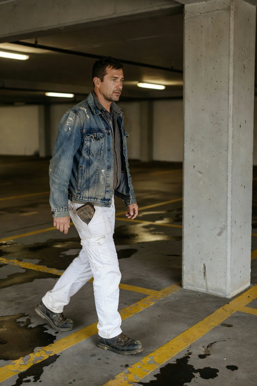 A man in faded distressed denim jacket over white cargo pants and rugged work boots walks confidently through a dimly lit parking garage with wet floors and yellow lane markings.