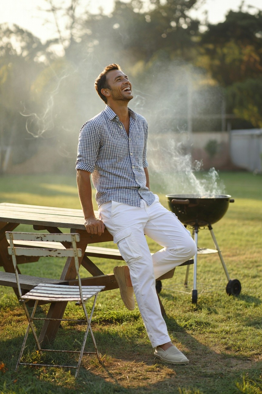 Smiling man in light blue checkered shirt and white cargo pants sits on picnic table by smoking BBQ grill in sunny backyard at dusk, relaxed summer vibe