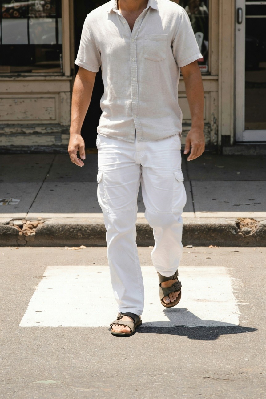 Man in pale linen short-sleeve button-up shirt and white cargo pants strides across an urban crosswalk in brown leather sandals, evoking casual summer ease