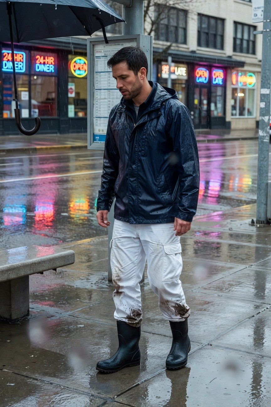 Man in shiny navy hooded rain jacket, white cargo pants muddied at cuffs, black rubber wellies, standing confidently on rainy neon-lit urban street near bench and umbrella shelter