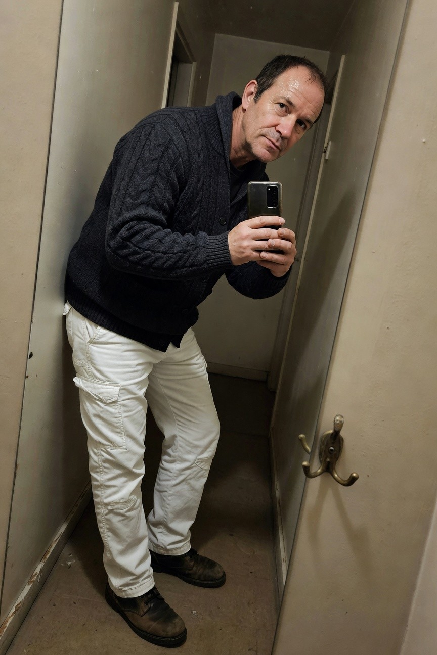 Middle-aged man in open navy cable-knit cardigan, baggy white cargo pants, and rugged brown work boots, leaning against a narrow beige hallway wall while taking a mirror selfie with phone in hand