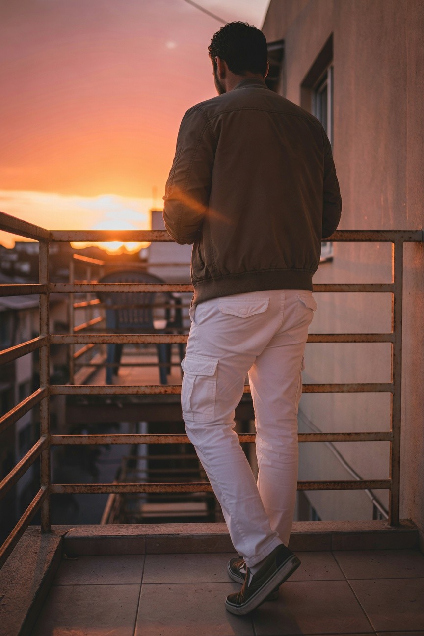 Rear view of a man in a brown bomber jacket, white cargo pants, and gray sneakers standing pensively on a rusted balcony railing at sunset, cityscape and orange sky in background