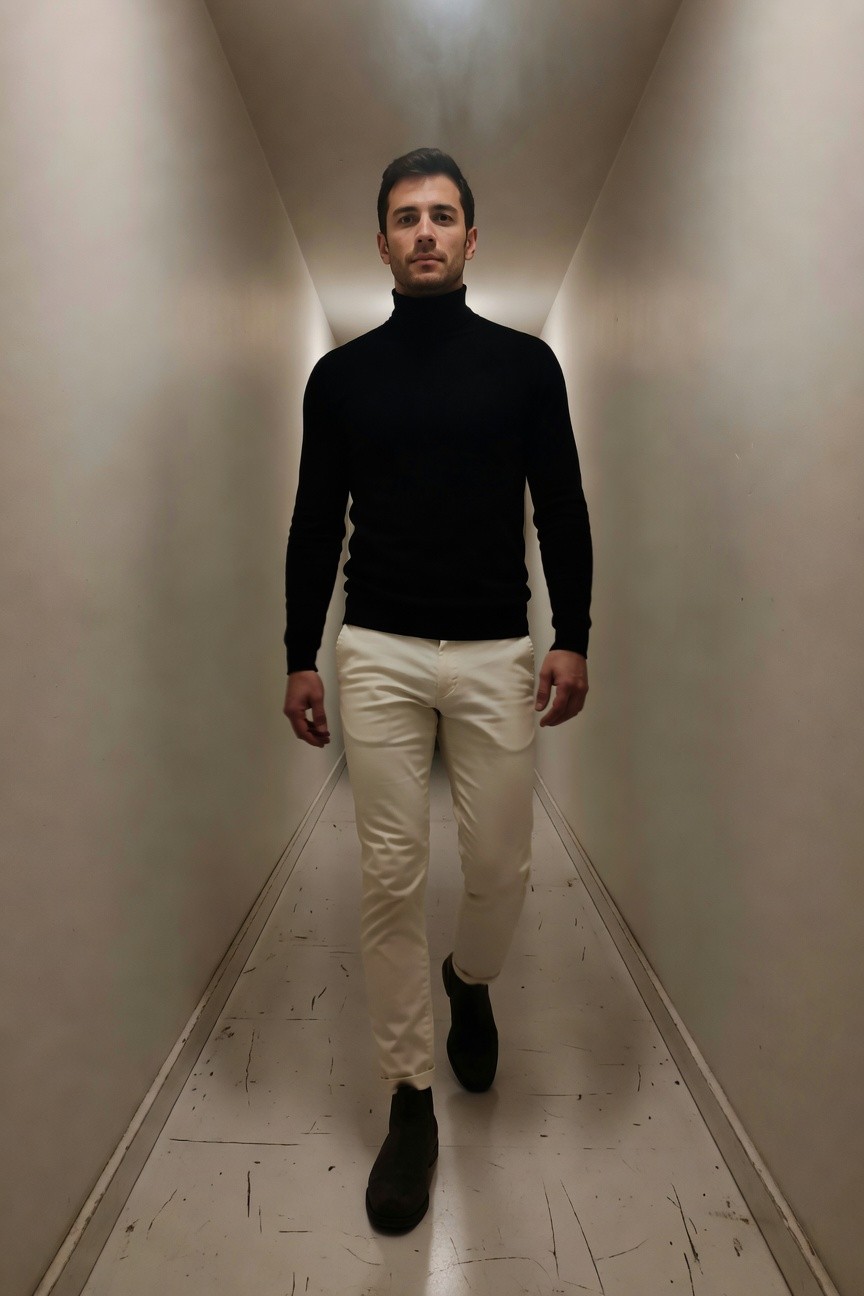 Man in fitted black turtleneck sweater, high-waisted cream trousers, and black leather boots, walking confidently down a narrow, softly lit beige hallway with a sophisticated, minimalist vibe