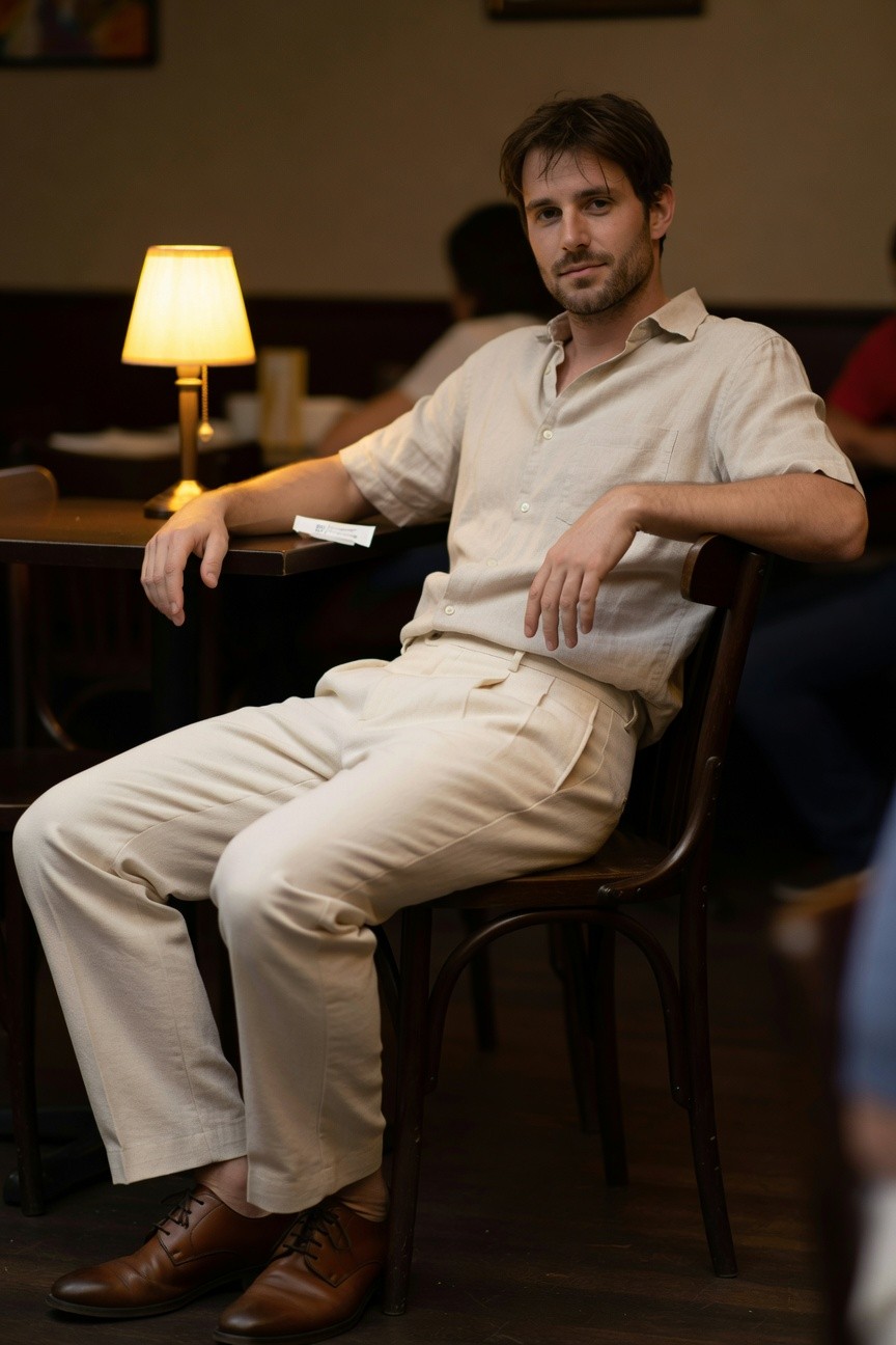 Man in cream linen short-sleeve shirt and wide-leg cream linen pants sits relaxed at a wooden cafe table under a lamp light wearing brown leather brogues surrounded by blurred background patrons