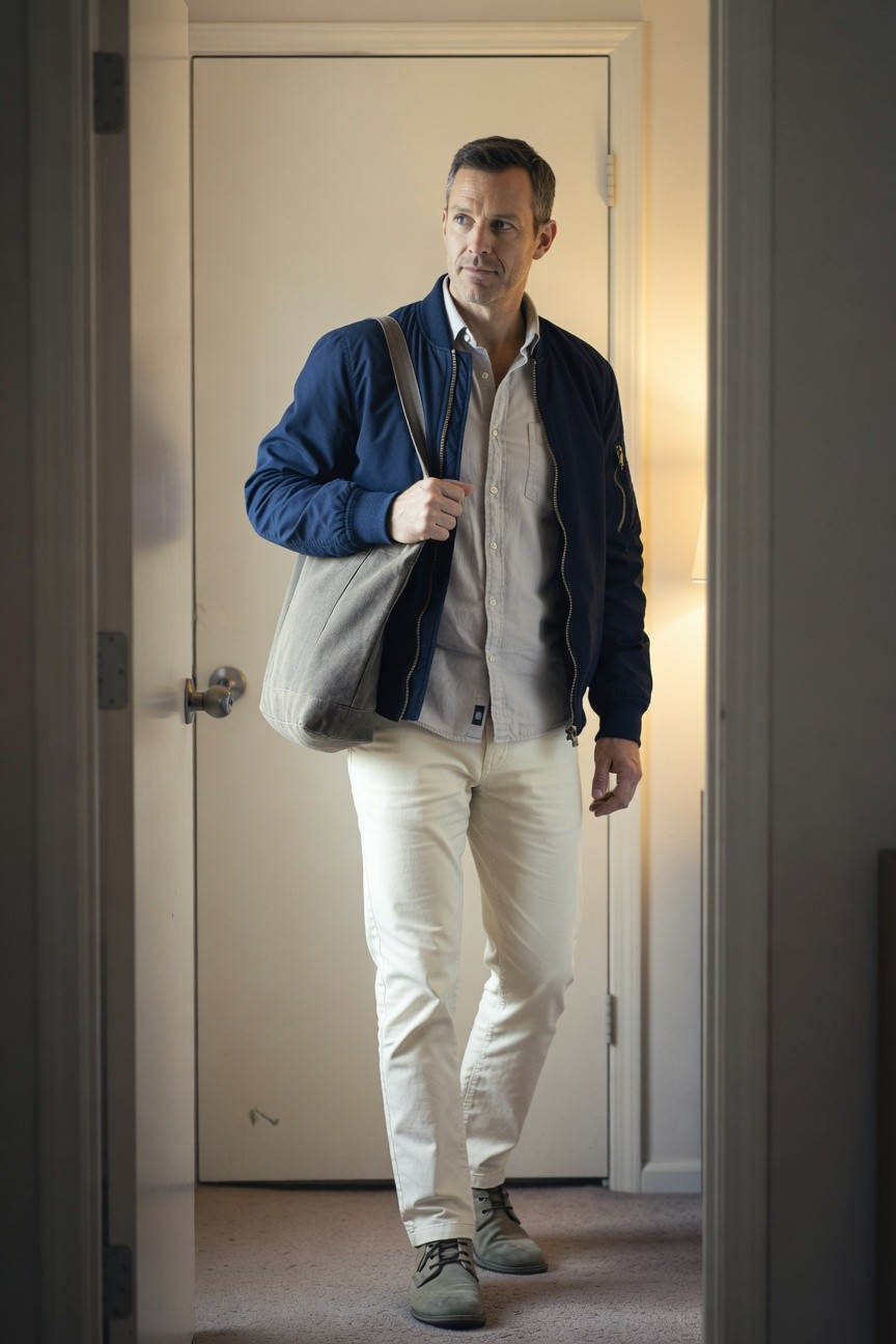 A man stands in a doorway wearing a navy blue bomber jacket over a white open-collar shirt, cream chinos, light green suede sneakers, and carrying a gray tote bag, lit softly for an elegant casual vibe.