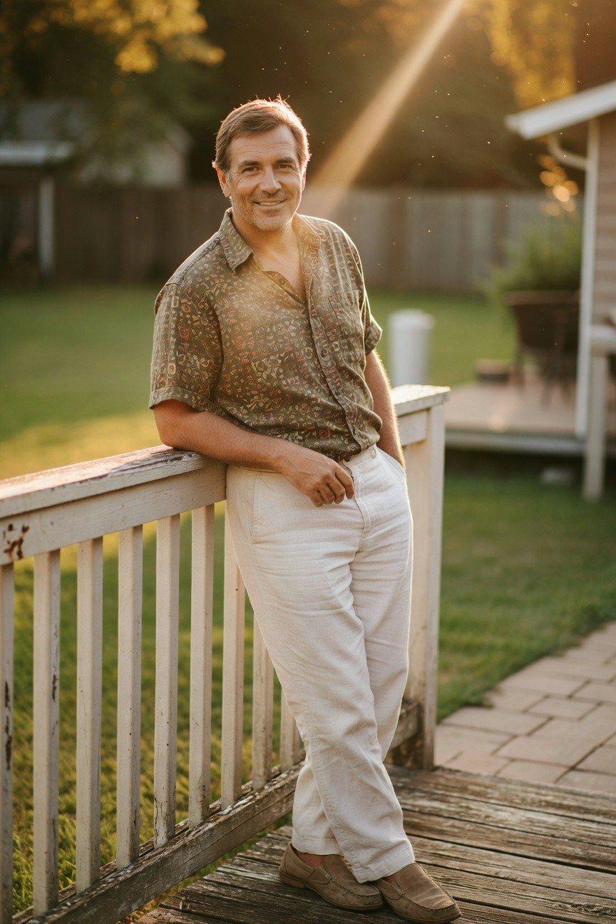 Middle-aged man in cream linen pants, open green floral-patterned short-sleeve shirt, and tan espadrilles leans casually on a white porch railing at golden hour sunset, with backyard garden and wooden deck in soft focus.