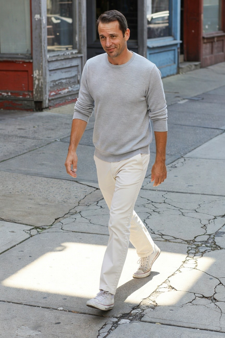 Man in light gray long-sleeve crewneck sweater, cream chinos, and white sneakers walking on sunny urban sidewalk with storefronts and shadows