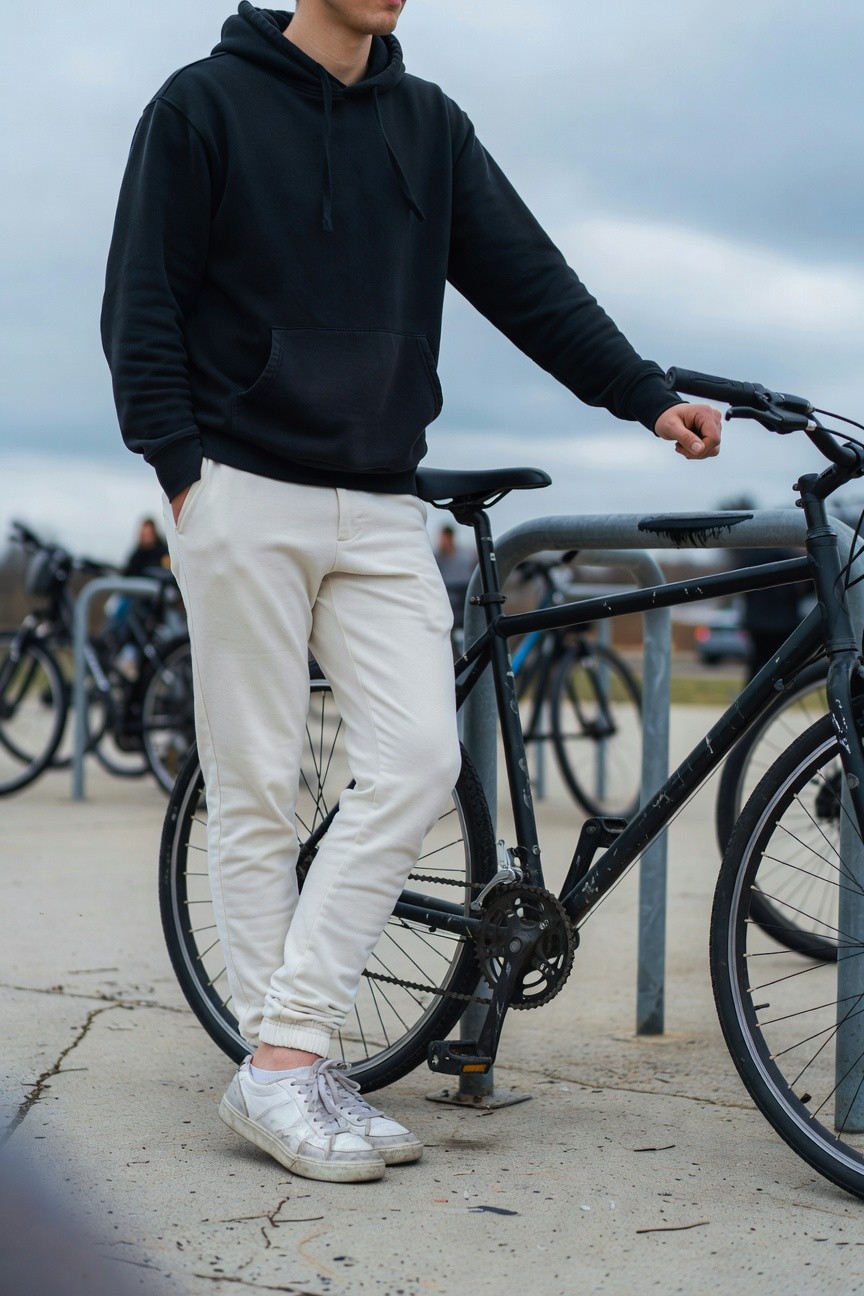 Young man in black hoodie and light cream slim pants leans casually against a black city bike at an outdoor rack on a cloudy day, white sneakers with silver accents visible, other bikes in background