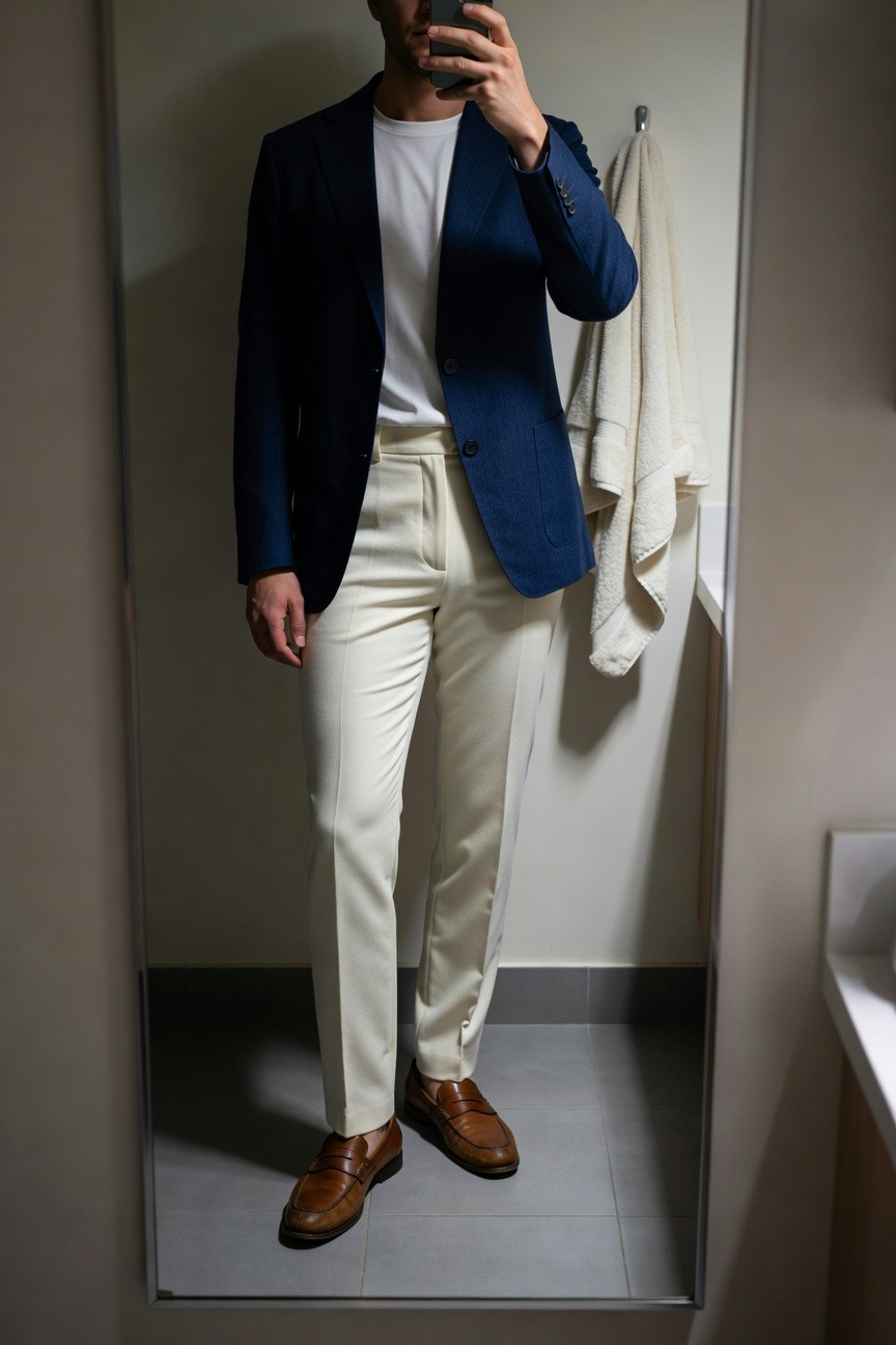 Man in navy blazer over white t-shirt with cream high-waisted trousers and brown loafers, selfie in bathroom mirror with towel hook nearby