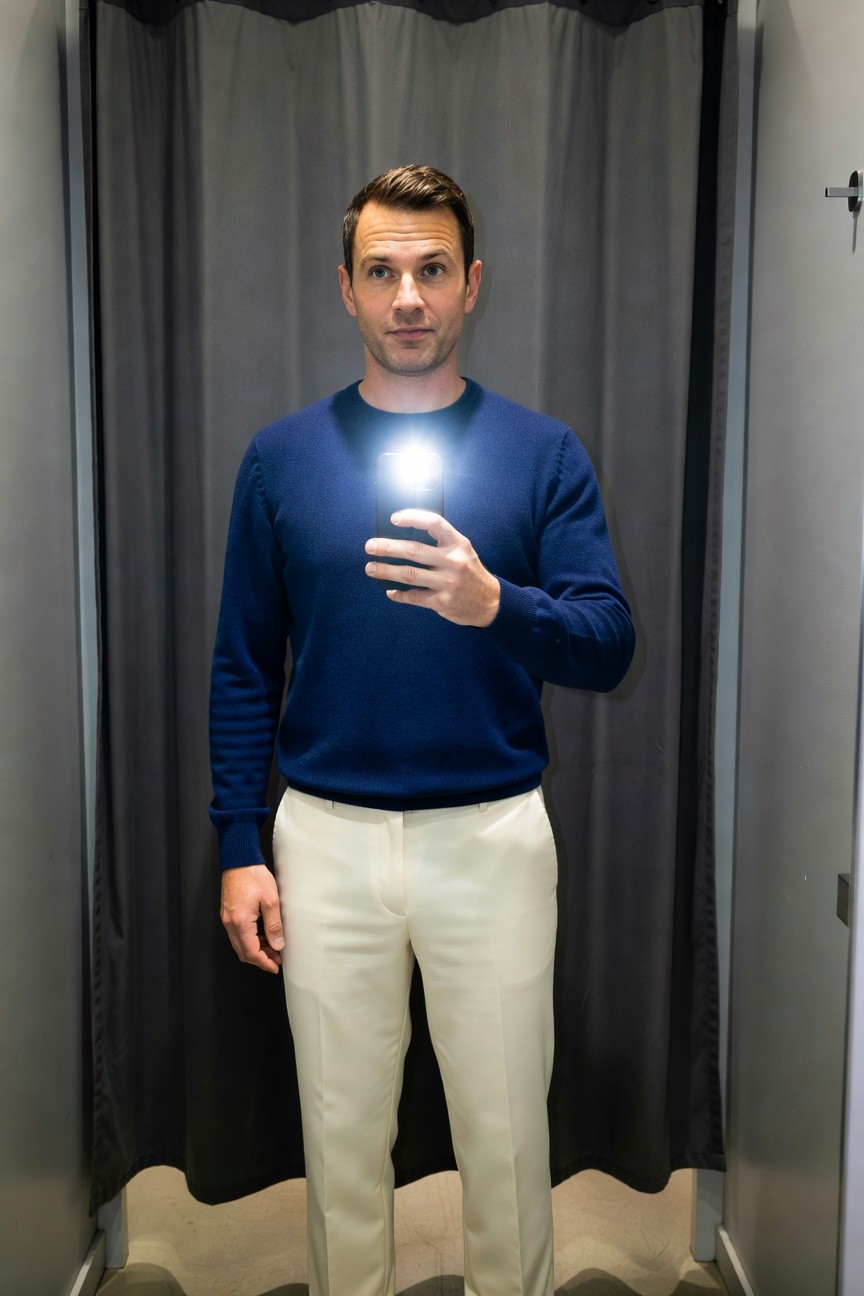 Man in navy blue sweater and cream trousers selfie in gray-curtained fitting room, phone flash lighting up sweater chest