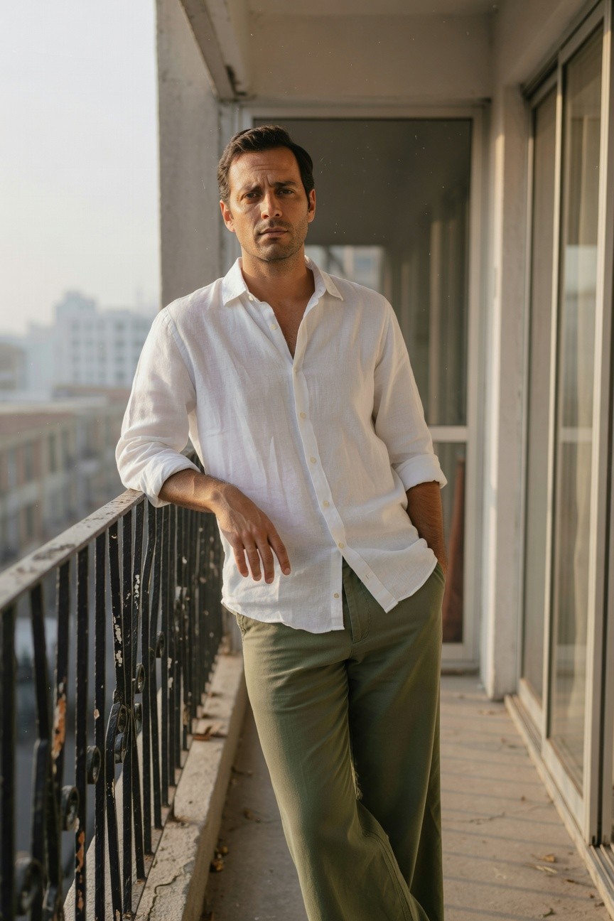 A man in his 30s with short dark hair leans casually on a sunny balcony railing, wearing an unbuttoned white linen shirt with rolled sleeves tucked loosely and wide-leg olive-green trousers, urban skyline and glass doors in soft-focus background