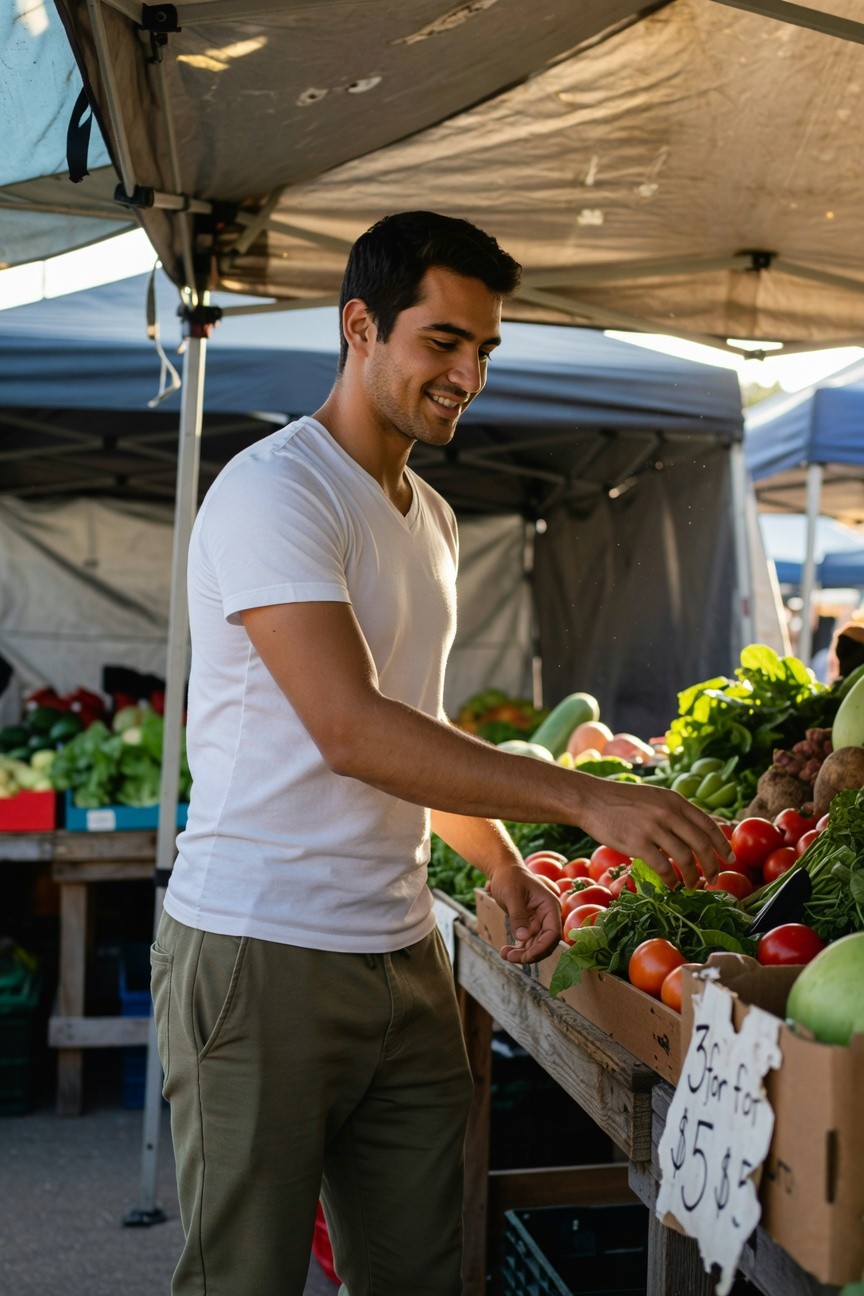 Smiling man in white short-sleeve V-neck T-shirt and light sage green chinos browsing vegetables at an outdoor market stall under a canopy, surrounded by colorful produce displays
