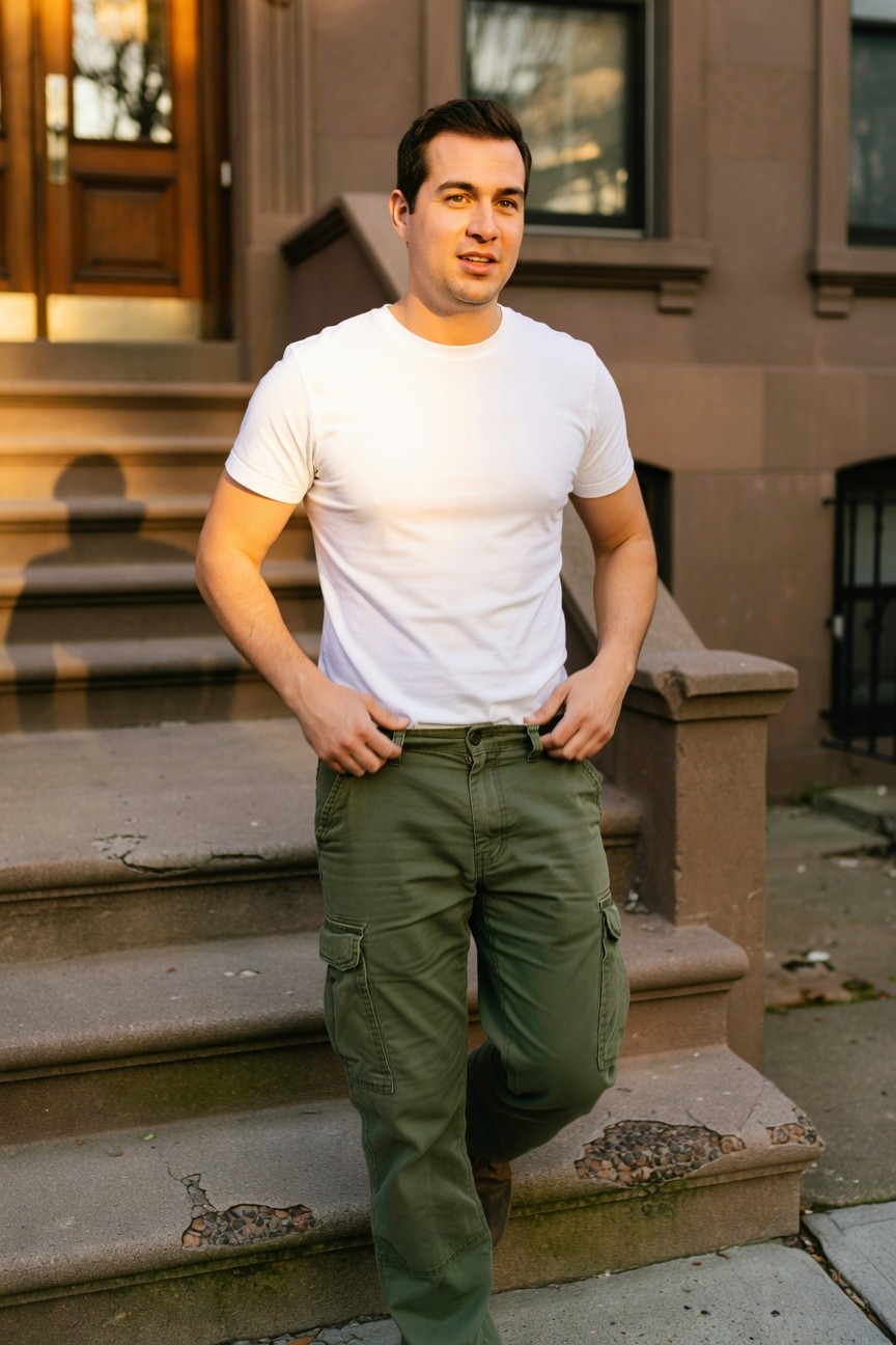 Man in white short-sleeve t-shirt and olive green cargo pants stands casually with hands in pockets on brownstone front steps, golden hour light highlighting the outfit against urban brown brick facade