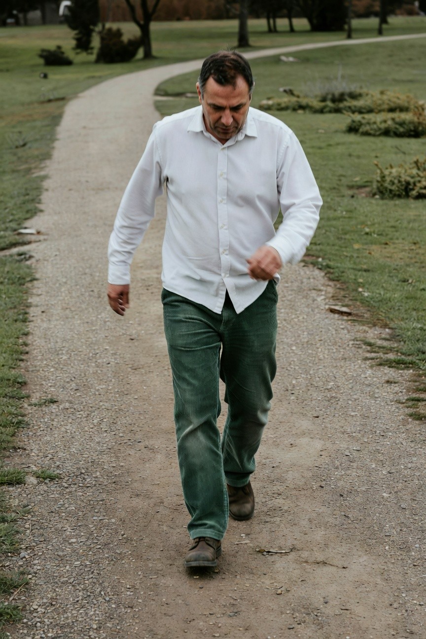 Man in his 40s walking casually on a sunny park path, wearing a white long-sleeve button-up shirt with sleeves rolled to elbows, slim-fit green chinos, and brown leather shoes, gravel trail lined with grass and trees in background