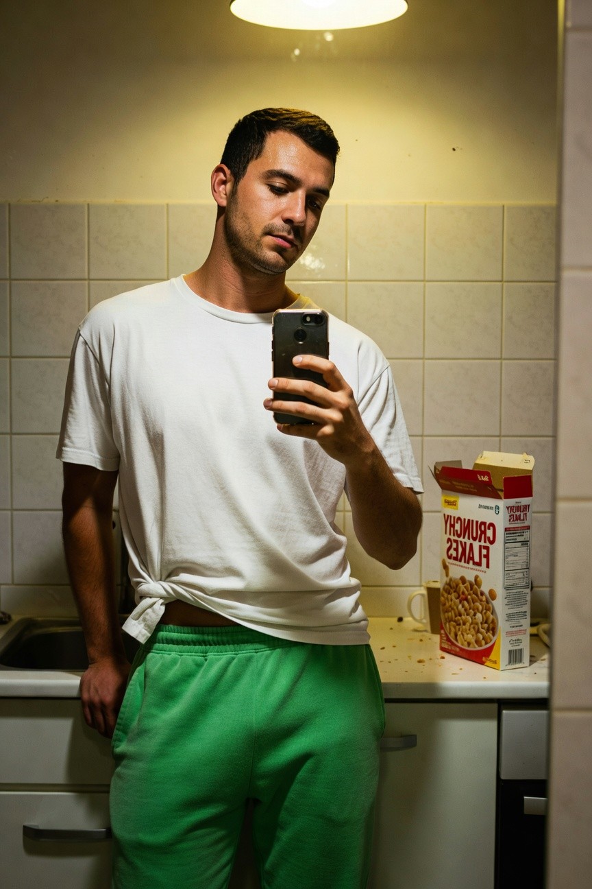 A man with short dark hair takes a mirror selfie in a bathroom wearing a loose white short-sleeve t-shirt tucked slightly at the waist and bright green drawstring joggers, leaning casually against a white sink counter cluttered with an open box of Cinnamon Toast Crunch cereal and scattered flakes, warm overhead light casting a relaxed glow on tiled walls
