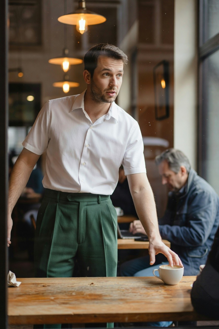 A man stands confidently in a sunlit cafe wearing a white short-sleeve button-up shirt tucked into high-waisted green pleated trousers, gesturing casually near a wooden table with a coffee cup, warm pendant lights and blurred patrons in the background