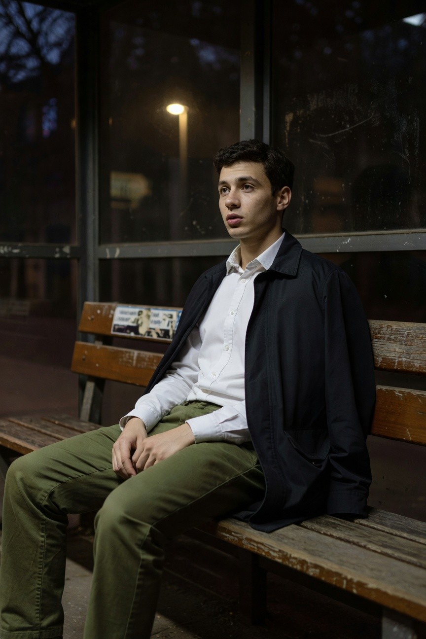 Young man with short dark hair sits pensively on a wooden bus stop bench at night, wearing slim olive green trousers, white collared dress shirt, and open dark navy overcoat, illuminated by a nearby streetlamp with bus shelter glass behind him