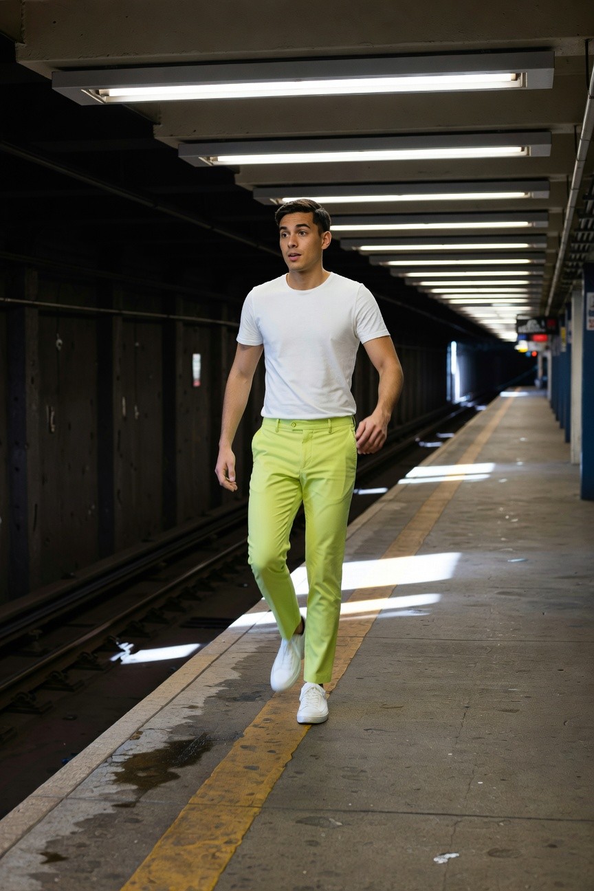 Man in slim lime green chinos, white short-sleeve t-shirt, and white sneakers walking casually on a dimly lit subway platform with yellow safety lines and overhead lights