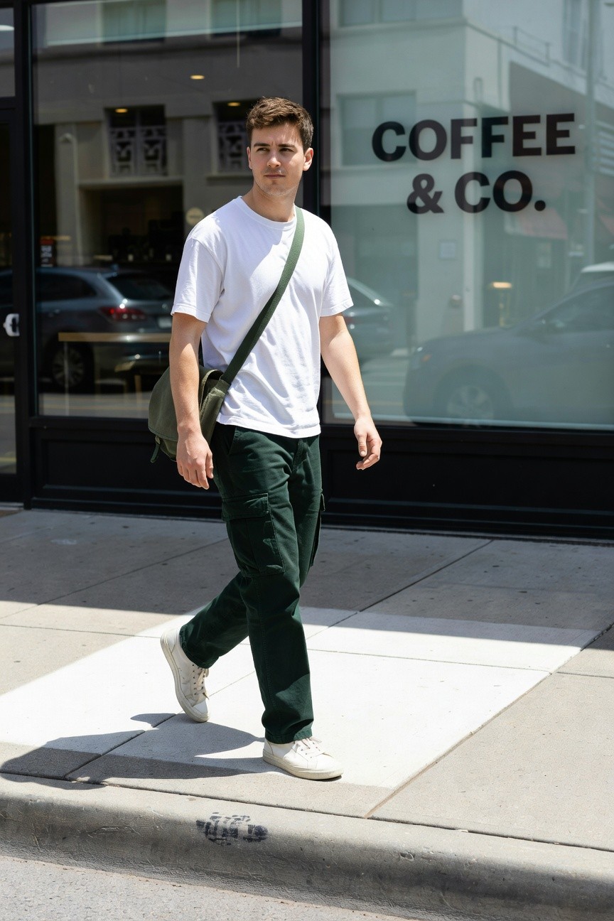 Man in white short-sleeve t-shirt, olive green cargo pants, green shoulder bag, and white sneakers walks casually outside a modern coffee shop with large windows.
