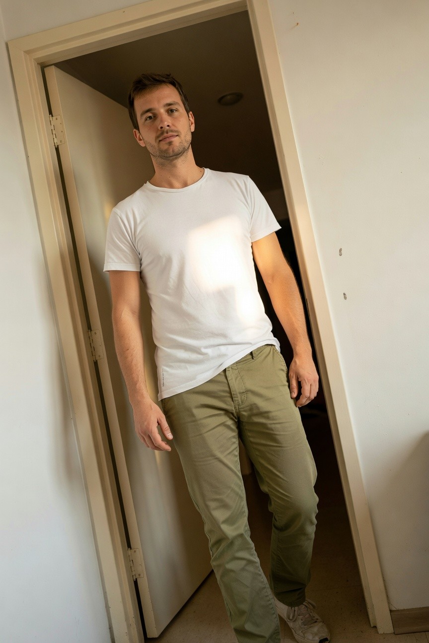Man in white short-sleeve t-shirt and olive green chinos leaning casually in a beige doorway, white sneakers on tiled floor, natural light highlighting relaxed pose
