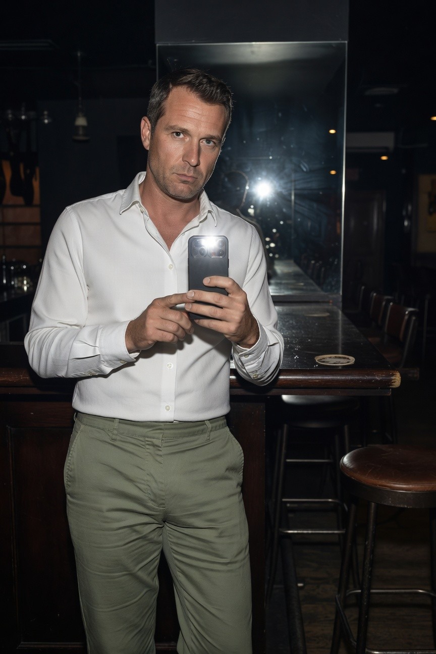Man in slim olive green trousers and white long-sleeve button-down shirt with open collar takes a mirror selfie at a dimly lit upscale bar counter, phone flashlight glowing