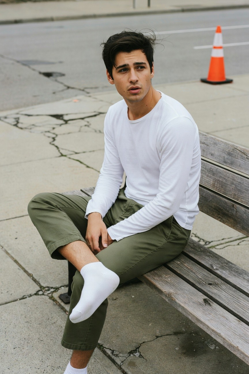 Young man with dark hair sits casually on a weathered wooden bench in an urban cracked pavement area, wearing a fitted white long-sleeve cotton t-shirt tucked into relaxed olive green pants cuffed at the ankles, white crew socks and sneakers visible, neutral expression gazing slightly aside, orange traffic cones and street elements in the background under overcast sky