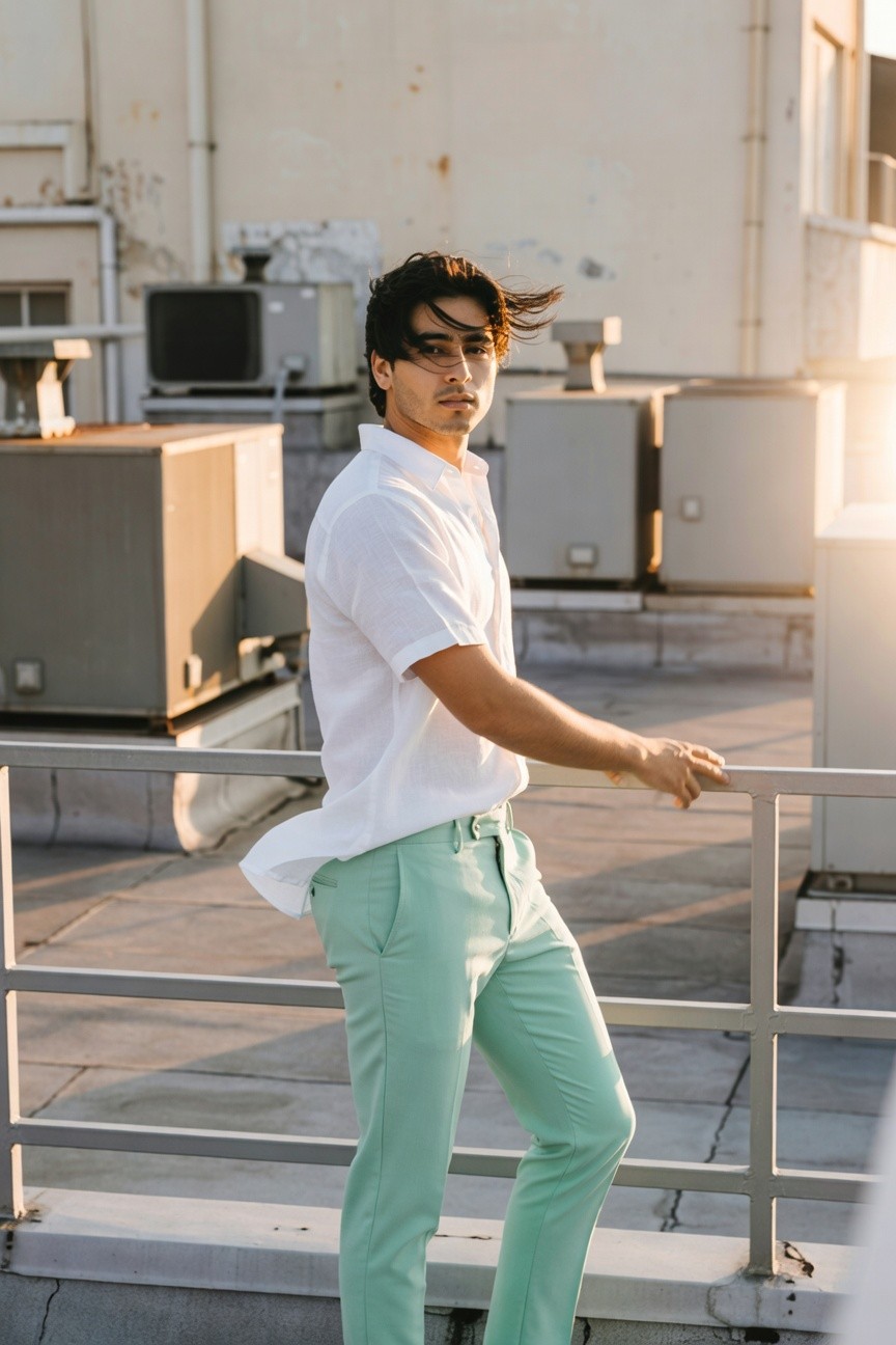 Young man with dark hair and sunglasses leans casually on a rooftop railing at sunset, wearing a white short-sleeve button-up shirt tucked into slim light green chinos, evoking relaxed urban sophistication
