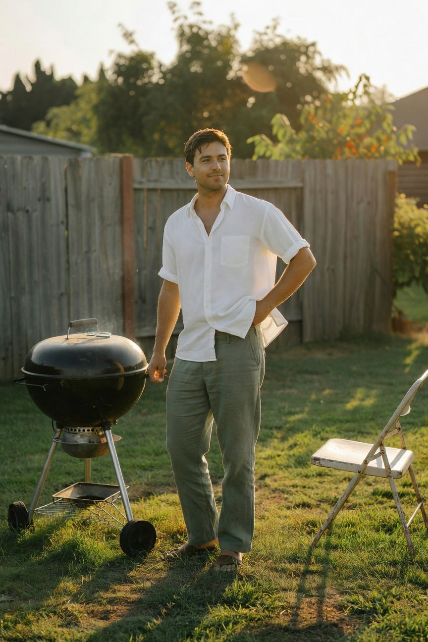 Handsome man in open white short-sleeve shirt and slim sage green pants stands confidently by a black kettle grill in a grassy backyard at golden hour sunset with wooden fence and garden backdrop