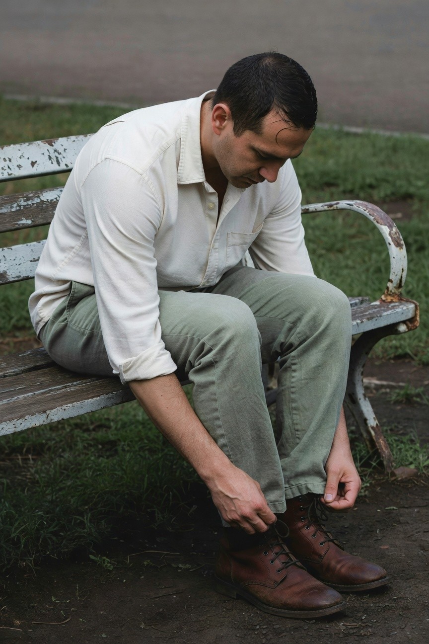 A man sits on a rusty park bench tying the laces of his brown leather boots, dressed in a loose white button-up shirt with rolled sleeves and sage green chinos, surrounded by green grass and a blurred path backdrop