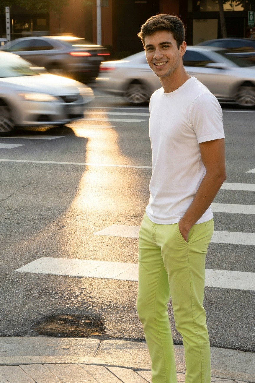 Confident young man with short brown hair smiling at a bustling urban crosswalk during golden hour sunset, wearing a fitted white short-sleeve t-shirt tucked into slim lime-green pants, cars blurred in motion behind him