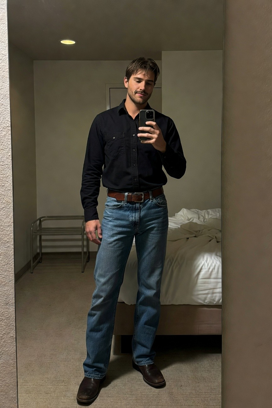 Man in black long-sleeve western-style button-up shirt, medium blue straight-leg jeans, brown leather belt, and brown leather boots, standing confidently in front of a bedroom mirror taking a phone selfie